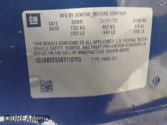 2010 Chevrolet Cobalt LS with VIN 1G1AB5F59A7110769, listed as a IAAI auction lot 41605132 with 198,979 mi miles and . Bid and sale history available at DreamBid. Image 9.