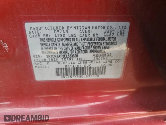 2014 Nissan Versa SV with VIN 3N1CN7AP3EL833520, listed as a Copart auction lot 53958325 with 98,192 mi miles and Salvage Title. Bid and sale history available at DreamBid. Image 12.