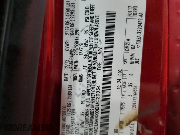 2013 Ford Escape SE с VIN 1FMCU9GX0DUC20354, выставлен на аукционе Copart как лот 55502205 с пробегом 146 162 миль миль и На запчасти • Non repairable. История ставок и продаж доступна на DreamBid. Изображение 13.