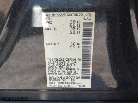 2013 Nissan Altima 2.5 SL with VIN 1N4AL3AP8DC207206, listed as a IAAI auction lot 39507311 with 173,710 mi miles. Bid and sale history available at carsss.com. Image 9.