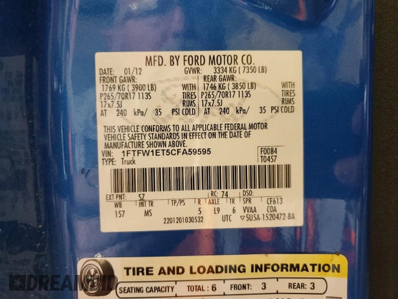 2012 Ford F-150 XL with VIN 1FTFW1ET5CFA59595, listed as a Copart auction lot 55673103 with Not provided miles and Salvage title. Bid and sale history available at DreamBid. Image 12.