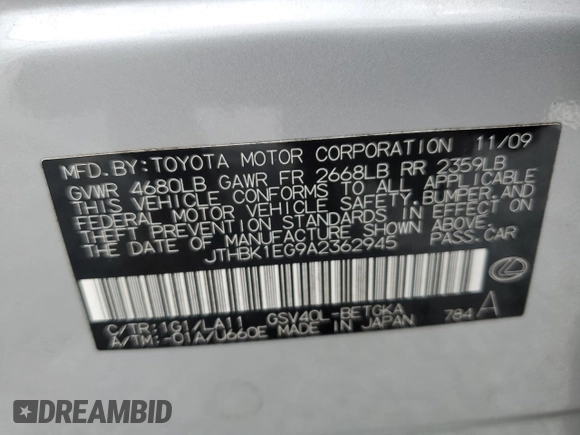 2010 Lexus ES 330 with VIN JTHBK1EG9A2362945, listed as a Copart auction lot 61284784 with Not Provided miles and Salvage Title. Bid and sale history available at DreamBid. Image 14.