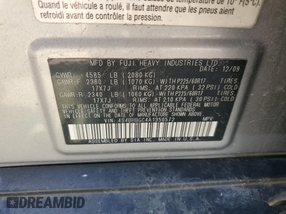 2010 Subaru Outback 2.5i Prem with VIN 4S4BRBGC4A1350572, listed as a Copart auction lot 68603014 with 0 mi miles and Salvage Title. Bid and sale history available at carsss.com. Image 13.