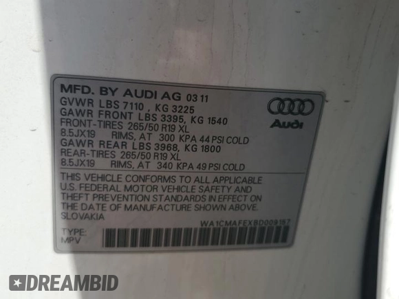 2011 Audi Q7 Premium z VIN WA1CMAFEXBD009157, wystawiony jako Copart lot #55966185 z przebiegiem 148 515 mil mil oraz Szkoda całkowita • Salvage title. Historia ofert i sprzedaży dostępna na DreamBid. Obrazek 13.