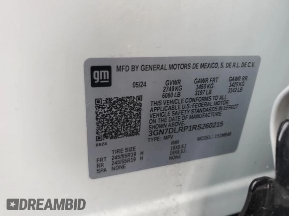 2024 Chevrolet Equinox EV LT z VIN 3GN7DLRP1RS260215, wystawiony jako Copart lot #56477025 z przebiegiem 7370 mil mil oraz Szkody całkowita. Historia ofert i sprzedaży dostępna na DreamBid. Obrazek 14.