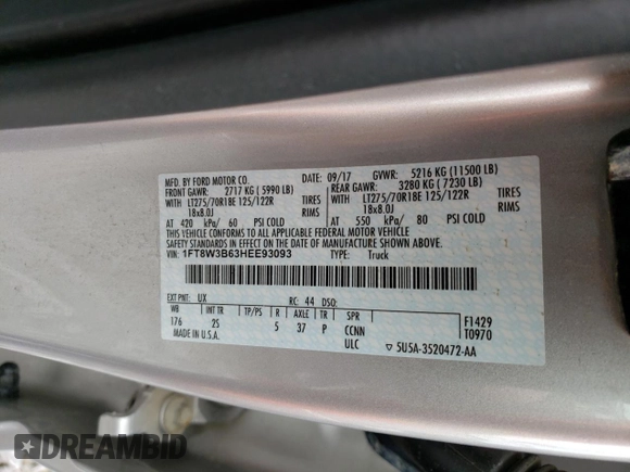 2017 Ford F-350 Platinum z VIN 1FT8W3B63HEE93093, wystawiony jako Copart lot #46731053 z przebiegiem Nie podano mil oraz . Historia ofert i sprzedaży dostępna na DreamBid. Obrazek 12.