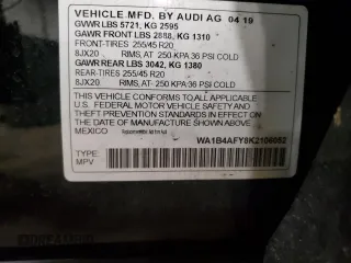 2019 Audi SQ5 Premium Plus with VIN WA1B4AFY8K2106052, listed as a Copart auction lot 53427394 with Not Provided miles and Salvage Title. Bid and sale history available at DreamBid. Image 12.