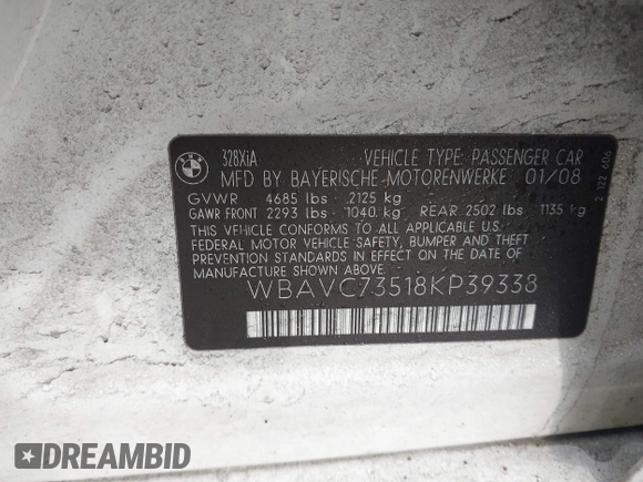 2008 BMW 3 Series 328xi with VIN WBAVC73518KP39338, listed as a IAAI auction lot 41474955 with 132,484 mi miles. Bid and sale history available at carsss.com. Image 9.