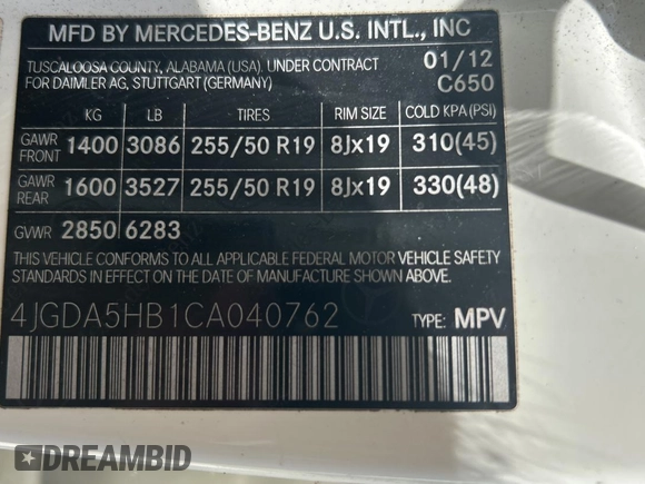 2012 Mercedes-Benz M 350 с VIN 4JGDA5HB1CA040762, выставлен на аукционе Copart как лот 65743595 с пробегом 135 709 миль миль и Чистый • Clean title. История ставок и продаж доступна на DreamBid. Изображение 10.