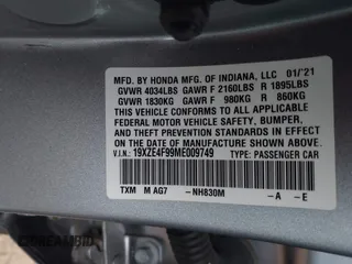 2021 Honda Insight Touring with VIN 19XZE4F99ME009749, listed as a IAAI auction lot 41411868 with 54,808 mi miles and . Bid and sale history available at carsss.com. Image 9.