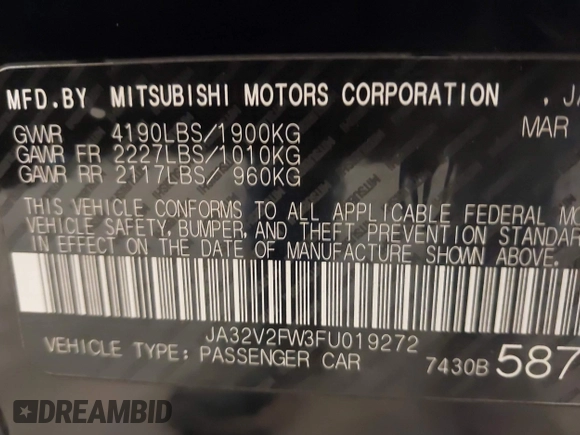 2015 Mitsubishi Lancer SE with VIN JA32V2FW3FU019272, listed as a IAAI auction lot 41940708 with 107,433 mi miles and . Bid and sale history available at DreamBid. Image 9.