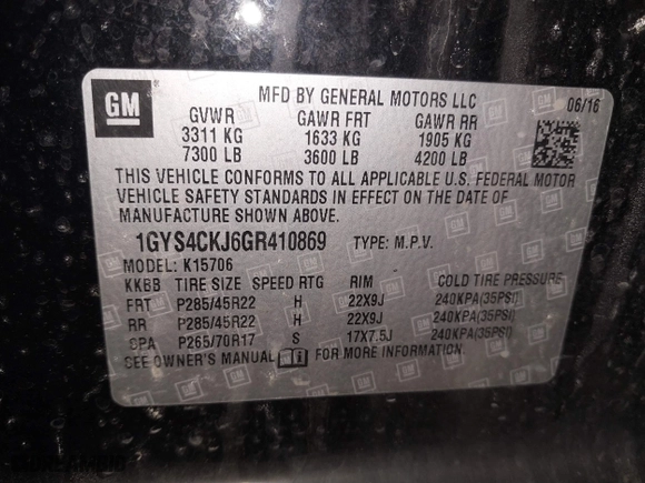 2016 Cadillac Escalade Premium Collection with VIN 1GYS4CKJ6GR410869, listed as a IAAI auction lot 41414350 with 134,677 mi miles. Bid and sale history available at carsss.com. Image 9.