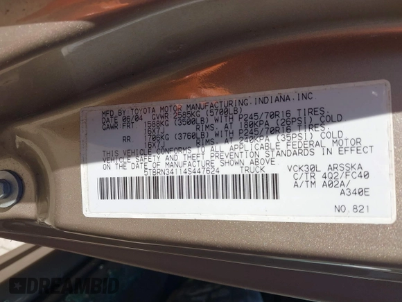 2004 Toyota Tundra SR5 with VIN 5TBRN34114S447624, listed as a IAAI auction lot 41641495 with Not Provided miles and . Bid and sale history available at DreamBid. Image 9.