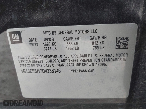 2013 Chevrolet Sonic LT with VIN 1G1JC5SH7D4236146, listed as a IAAI auction lot 39859991 with 135,006 mi miles and . Bid and sale history available at DreamBid. Image 9.