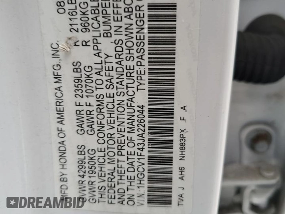 2018 Honda Accord EX with VIN 1HGCV1F43JA226044, listed as a Copart auction lot 52673575 with Not Provided miles and Clean Title. Bid and sale history available at DreamBid. Image 12.