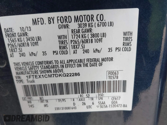 2013 Ford F-150 XL with VIN 1FTEX1CM7DKG22286, listed as a IAAI auction lot 41470939 with 183,227 mi miles. Bid and sale history available at carsss.com. Image 9.
