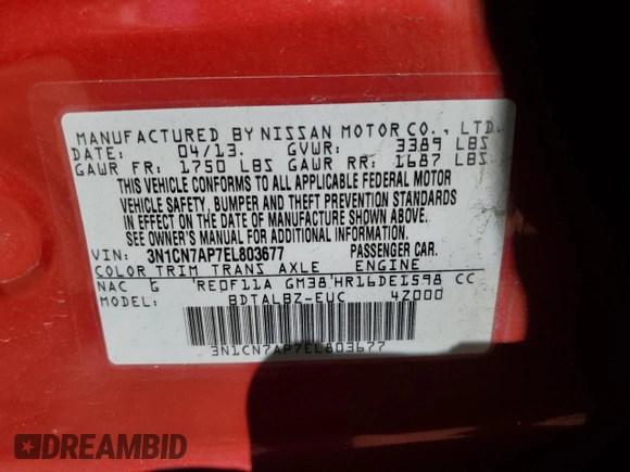 2014 Nissan Versa SV with VIN 3N1CN7AP7EL803677, listed as a Copart auction lot 45910225 with 0 mi miles and Salvage Title. Bid and sale history available at carsss.com. Image 15.