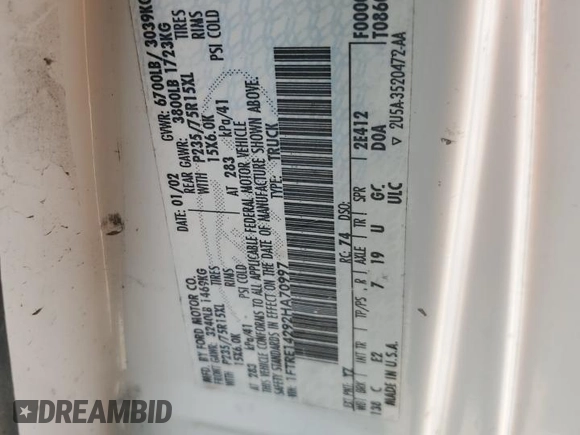 2002 Ford Econoline Cargo with VIN 1FTRE14292HA70997, listed as a Copart auction lot 41688235 with 249,370 mi miles and Salvage Title. Bid and sale history available at carsss.com. Image 13.