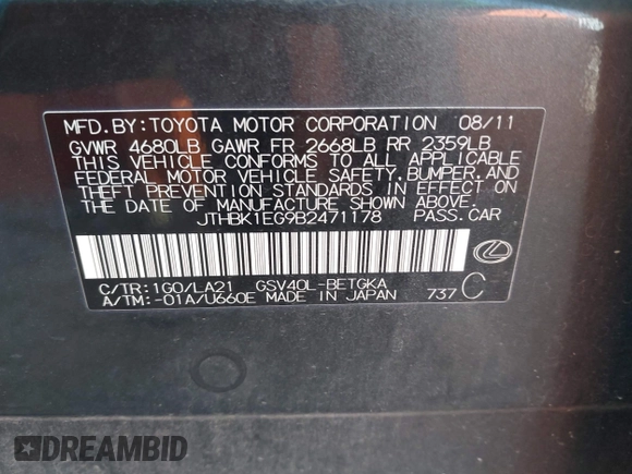 2011 Lexus ES 330 with VIN JTHBK1EG9B2471178, listed as a IAAI auction lot 42613215 with 255,208 mi miles and . Bid and sale history available at DreamBid. Image 9.