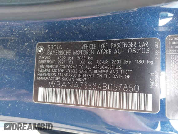 2004 BMW 5 Series 530i z VIN WBANA73584B057850, wystawiony jako IAAI lot #42595745 z przebiegiem 164 718 mil mil oraz . Historia ofert i sprzedaży dostępna na DreamBid. Obrazek 9.