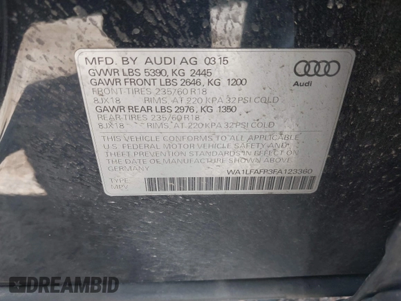 2015 Audi Q5 Premium Plus with VIN WA1LFAFP3FA123360, listed as a IAAI auction lot 42361327 with 90,777 mi miles and . Bid and sale history available at DreamBid. Image 9.