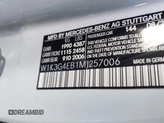 2021 Mercedes-Benz A 220 with VIN W1K3G4EB1MJ257006, listed as a IAAI auction lot 41772402 with 105,128 mi miles and . Bid and sale history available at DreamBid. Image 9.
