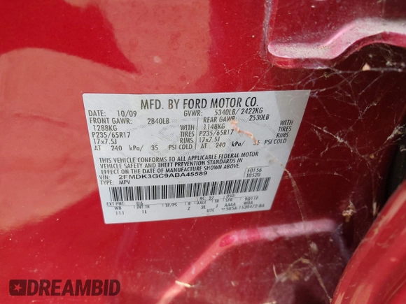 2010 Ford Edge SE with VIN 2FMDK3GC9ABA45589, listed as a IAAI auction lot 42143048 with 226,157 mi miles. Bid and sale history available at carsss.com. Image 9.