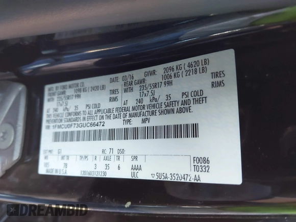 2016 Ford Escape S with VIN 1FMCU0F73GUC66472, listed as a IAAI auction lot 41060258 with 90,729 mi miles. Bid and sale history available at carsss.com. Image 9.