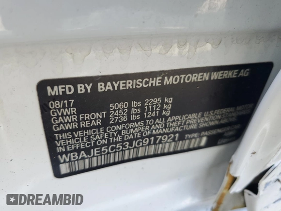 2018 BMW 5 Series 540i with VIN WBAJE5C53JG917921, listed as a Copart auction lot 54985805 with 75,307 mi miles and Salvage title. Bid and sale history available at DreamBid. Image 12.