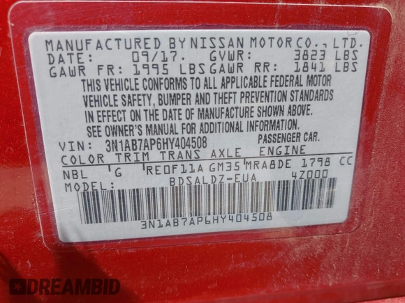 2017 Nissan Sentra S with VIN 3N1AB7AP6HY404508, listed as a IAAI auction lot 41943134 with 54,649 mi miles and . Bid and sale history available at carsss.com. Image 9.