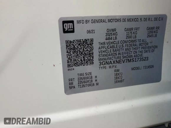 2021 Chevrolet Equinox Premier с VIN 3GNAXNEV7MS173523, выставлен на аукционе Copart как лот 80621024 с пробегом Не указан миль и Списание • Salvage title. История ставок и продаж доступна на DreamBid. Изображение 13.