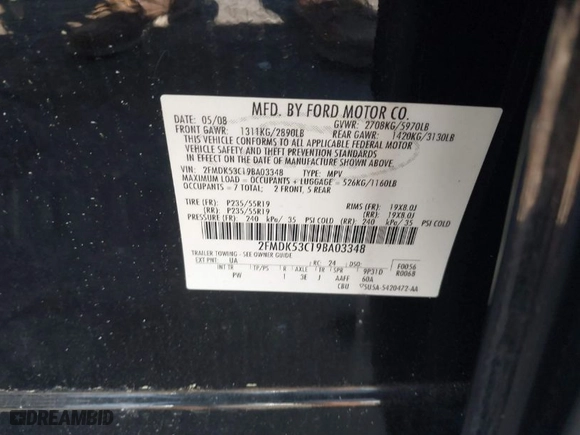 2009 Ford Flex Limited with VIN 2FMDK53C19BA03348, listed as a IAAI auction lot 41893654 with 259,322 mi miles. Bid and sale history available at carsss.com. Image 9.