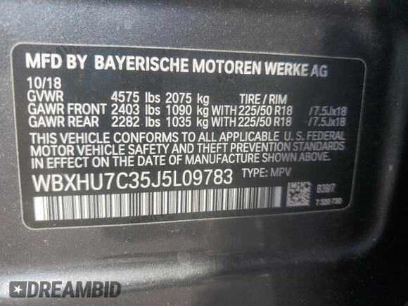2018 BMW X1 sDrive28i with VIN WBXHU7C35J5L09783, listed as a Copart auction lot 55147935 with 37,114 mi miles and Salvage Title. Bid and sale history available at DreamBid. Image 13.
