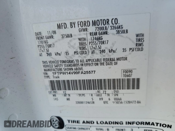 2009 Ford F-150 XL with VIN 1FTPW14V99FA25577, listed as a Copart auction lot 47128865 with 159,850 mi miles and Salvage title. Bid and sale history available at DreamBid. Image 12.