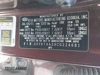 2012 Kia Sorento LX with VIN 5XYKT4A29CG224681, listed as a IAAI auction lot 41787906 with 240,265 mi miles. Bid and sale history available at carsss.com. Image 9.