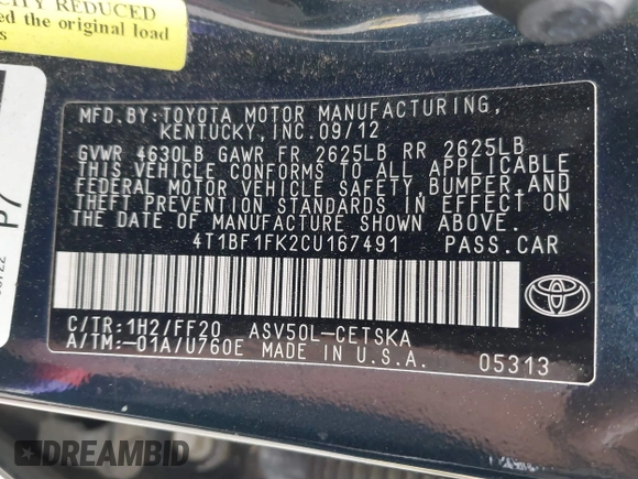 2012 Toyota Camry L with VIN 4T1BF1FK2CU167491, listed as a IAAI auction lot 41882255 with 214,384 mi miles. Bid and sale history available at carsss.com. Image 9.