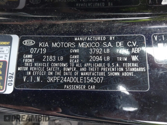 2020 Kia Forte LXS with VIN 3KPF24AD0LE154507, listed as a IAAI auction lot 41575571 with 125,920 mi miles. Bid and sale history available at carsss.com. Image 9.