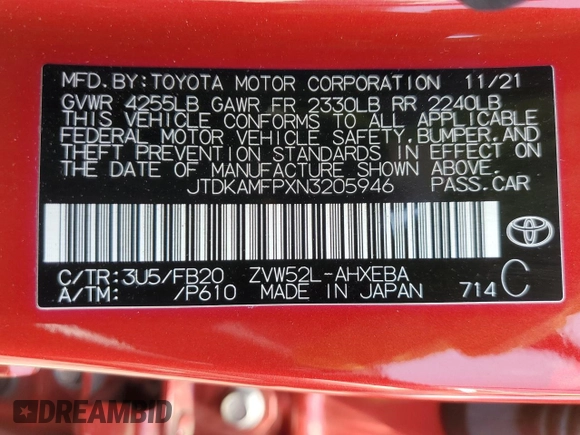 2022 Toyota Prius LE with VIN JTDKAMFPXN3205946, listed as a Copart auction lot 61076595 with 63,492 mi miles and Salvage title. Bid and sale history available at DreamBid. Image 12.