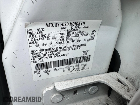 2012 Ford F-350 XL with VIN 1FT8W3BT2CEC01397, listed as a Copart auction lot 60002025 with Not provided miles and Clean title. Bid and sale history available at DreamBid. Image 10.