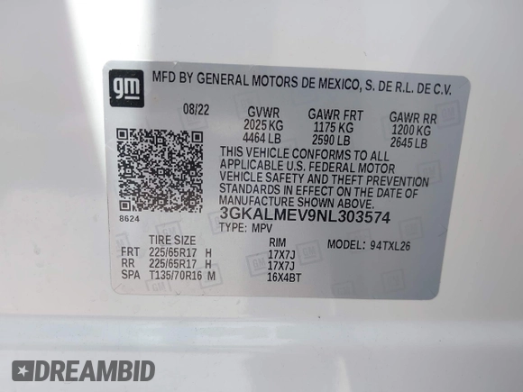 2022 GMC Terrain SLE z VIN 3GKALMEV9NL303574, wystawiony jako IAAI lot #42119244 z przebiegiem 28 559 mil mil oraz . Historia ofert i sprzedaży dostępna na DreamBid. Obrazek 9.