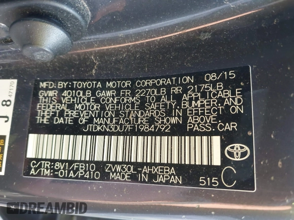 2015 Toyota Prius Four with VIN JTDKN3DU7F1984792, listed as a IAAI auction lot 41132250 with 1 mi miles. Bid and sale history available at carsss.com. Image 9.