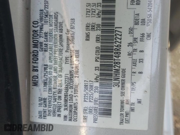 2008 Lincoln MKZ with VIN 3LNHM28T48R622271, listed as a Copart auction lot 44160135 with 112,208 mi miles and Salvage Title. Bid and sale history available at DreamBid. Image 13.