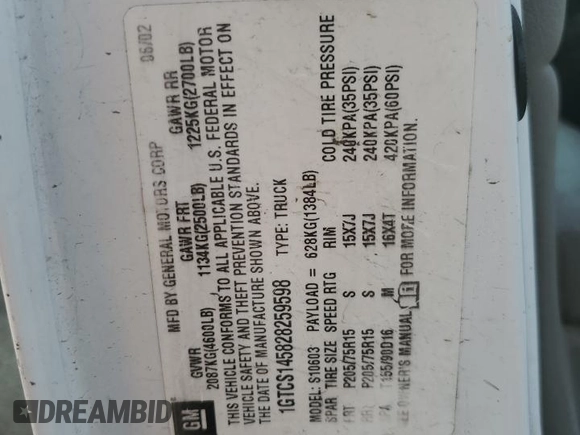 2002 GMC Sonoma SL z VIN 1GTCS145828259598, wystawiony jako Copart lot #67961124 z przebiegiem 183 710 mil mil oraz Szkody całkowita. Historia ofert i sprzedaży dostępna na DreamBid. Obrazek 12.