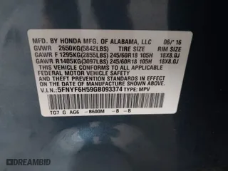 2016 Honda Pilot EX-L with VIN 5FNYF6H59GB093374, listed as a IAAI auction lot 41030598 with 81,461 mi miles. Bid and sale history available at carsss.com. Image 9.