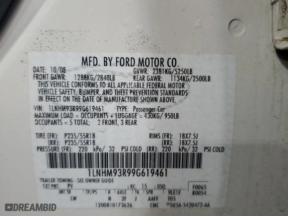 2009 Lincoln MKS with VIN 1LNHM93R99G619461, listed as a Copart auction lot 68281524 with 158,722 mi miles and Salvage Title. Bid and sale history available at carsss.com. Image 13.