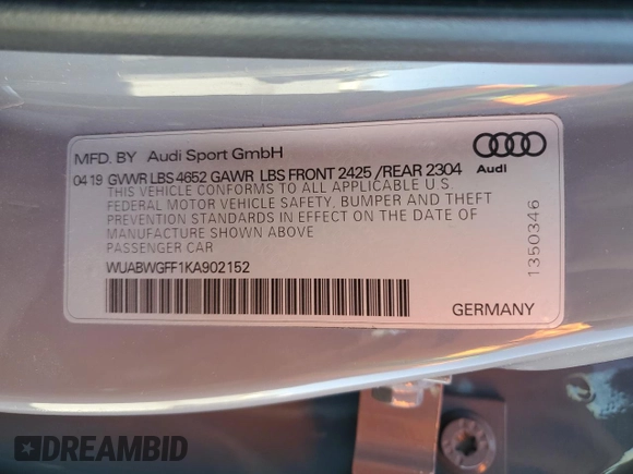2019 Audi RS 3 z VIN WUABWGFF1KA902152, wystawiony jako Copart lot #88913315 z przebiegiem 46 435 mil mil oraz Szkody całkowita. Historia ofert i sprzedaży dostępna na DreamBid. Obrazek 13.