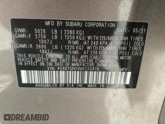 2021 Subaru Outback Limited XT with VIN 4S4BTGNDXM3220878, listed as a Copart auction lot 60095135 with 63,759 mi miles and Salvage title. Bid and sale history available at DreamBid. Image 13.