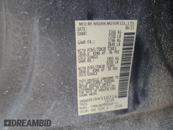 2015 Nissan Titan S with VIN 1N6AA0EJ3FN510726, listed as a Copart auction lot 49735805 with 111,032 mi miles and Salvage title. Bid and sale history available at DreamBid. Image 14.