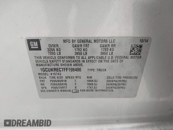2015 Chevrolet Silverado 1500 LT with VIN 1GCUKREC7FF198486, listed as a IAAI auction lot 42131232 with 151,947 mi miles and . Bid and sale history available at DreamBid. Image 9.