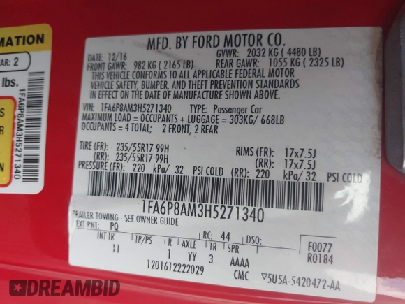 2017 Ford Mustang V6 with VIN 1FA6P8AM3H5271340, listed as a IAAI auction lot 41469159 with 92,175 mi miles and . Bid and sale history available at carsss.com. Image 9.